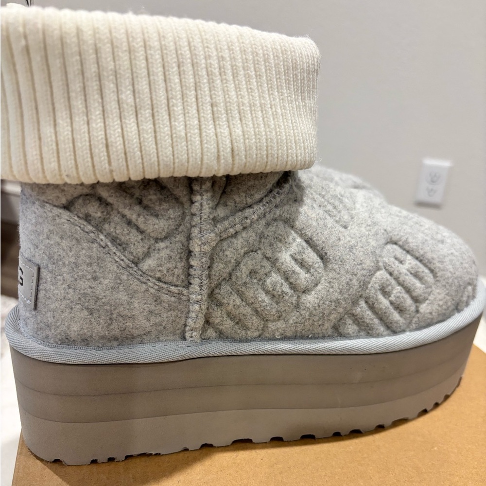 UGG women’s classic mini platform felted boots. Gray. Size 6.  New, no box.